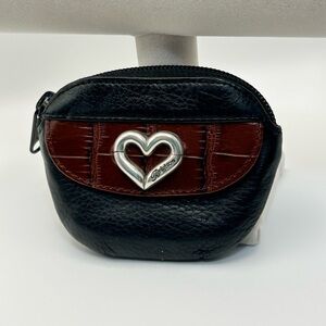 Brighton Coin Purse Black Brown Leather Silver Plated Heart Charm Zipper